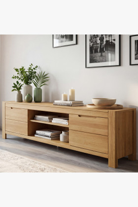 Tölgyfa TV komód 200 cm széles, 3 ajtós, 3 fiókos, natúr olajozott